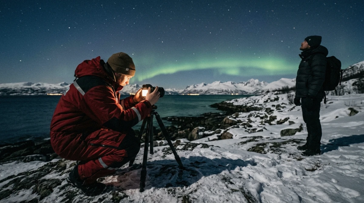 A guide reviewing a cloud forecast map beside a minibus before a Tromso aurora tour, checking whether the northern lights guarantee applies tonight