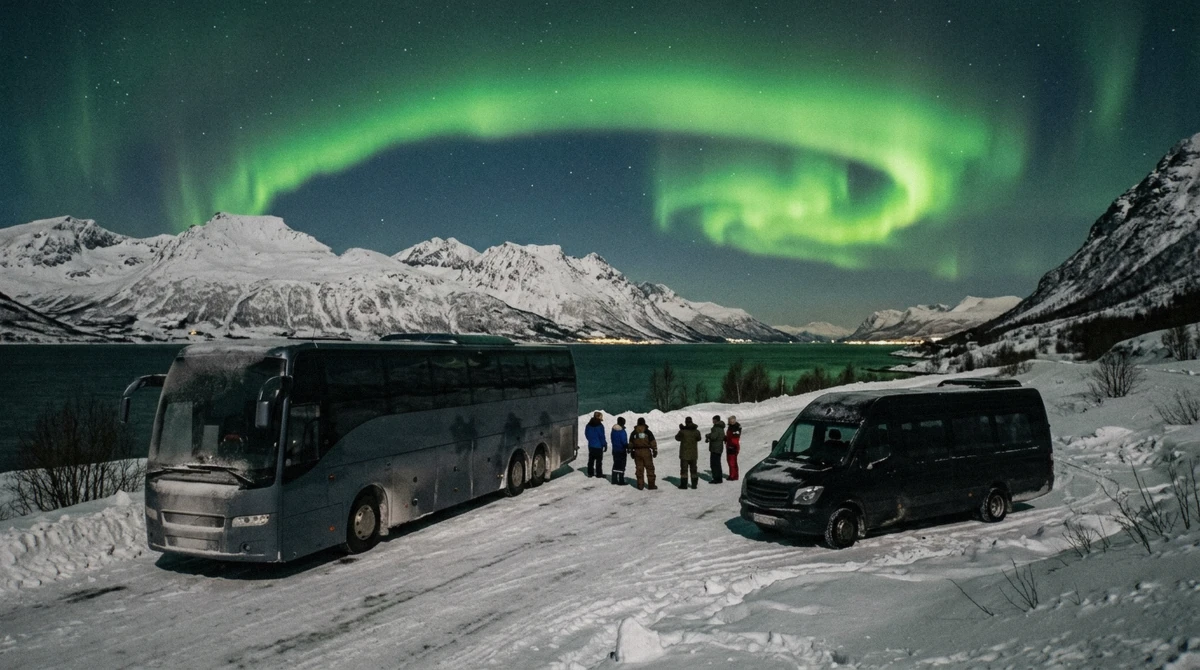 A minibus and a full-size coach parked side by side before a Tromso Northern Lights tour, illustrating the small group vs bus choice